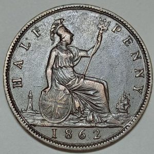 سکه قدیمی نیم پنی انگلیس ۱۸۶۲ (ملکه ویکتوریا) کیفیت بینهایت عالی