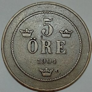 سکه قدیمی 5 اوره کمیاب سوئد 1904