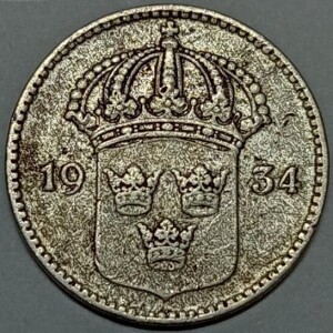 سکه نقره 10 اوره کمیاب سوئد 1934