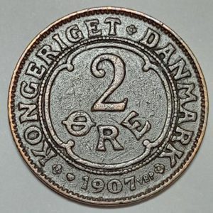 سکه قدیمی 2 اوره دانمارک 1907 (شاه فردریک هشتم)