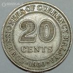سکه 20 سنت بسیار کمیاب مالایا مستعمره انگلیس 1950 (جرج ششم)