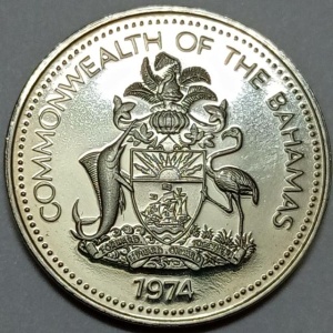 سکه 5 سنت پروف کمیاب باهاما 1974