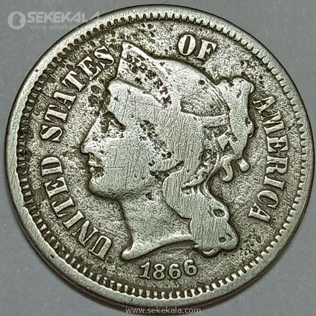 Online store selling rare collectible coins.www.sekekala.com040201 (145) سکه 3 سنت آمریکا 1866 (بسیار کمیاب)