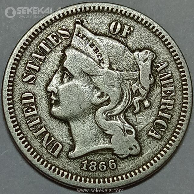 Online store selling rare collectible coins.www.sekekala.com040201 (147) سکه 3 سنت آمریکا 1866 (بسیار کمیاب)
