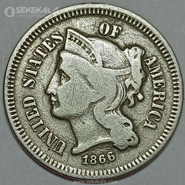 Online store selling rare collectible coins.www.sekekala.com040201 (149) سکه 3 سنت آمریکا 1866 (بسیار کمیاب)