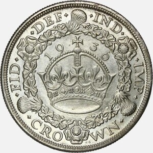 Rare British 1 Crown 1936 (Wreath Crown)(George V)(AU) coin