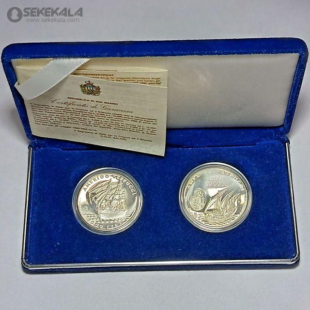 coin collection store.www.sekekala.com040423 (68) مجموعه دو عددی 5000 و 10000 لیره نقره پروف سان مارینو 1995 (به همراه جعبه فابریک و شناسنامه)