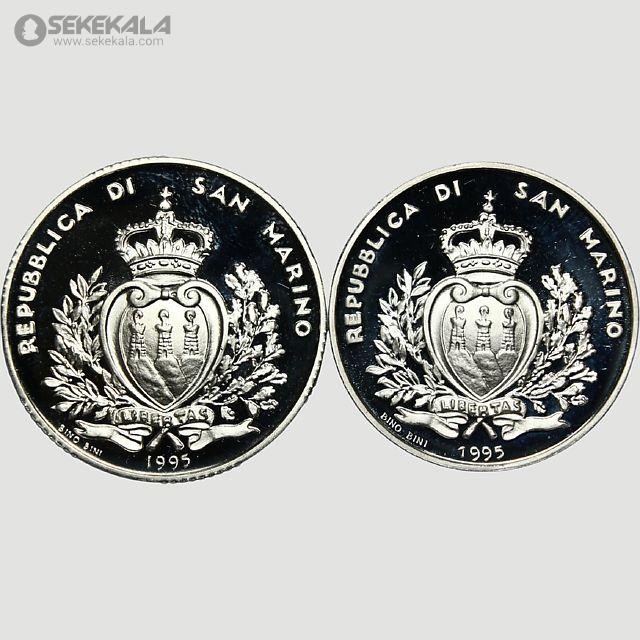 coin collection store.www.sekekala.com040423 (88) مجموعه دو عددی 5000 و 10000 لیره نقره پروف سان مارینو 1995 (به همراه جعبه فابریک و شناسنامه)