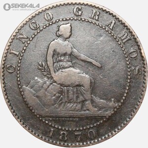 سکه قدیمی 5 سنتیمو کمیاب اسپانیا 1870 (دولت موقت اسپانیا)