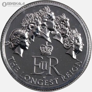 سکه 20 پوند نقره پروف انگلیس 2015 (ملکه الیزابت ، طولانی ترین دوران سلطنت) داخل پک فابریک رویال مینت (PF)