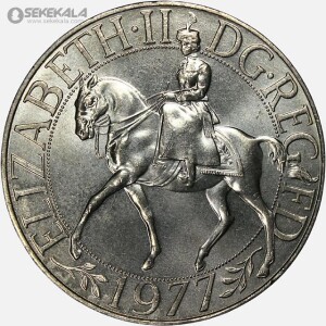 سکه 25 پنس یادبودی انگلیس 1977 (بیست و پنجمین سال سلطنت)+ قاب فابریک (UNC)