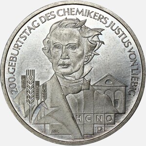 سکه 10 یورو نقره یادبودی آلمان 2003 (AU)( یوستوس فون لیبیگ شیمی دان آلمانی)