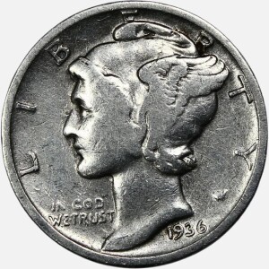 سکه دایم (10 سنت) نقره آمریکا 1936 (مرکوری)