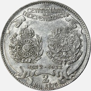 سکه 2000 ریس نقره برزیل 1922 (صدمین سال استقلال برزیل - بسیار کمیاب)(AU)