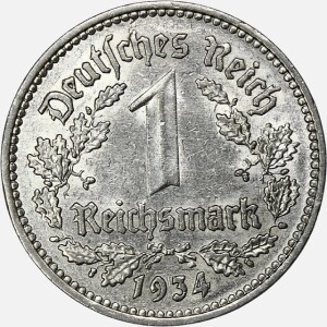 سکه 1 رایش مارک آلمان نازی 1934 A (بسیار کمیاب)(AU)
