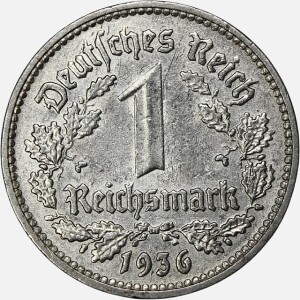 سکه 1 رایش مارک آلمان نازی 1936 D (بسیار کمیاب)