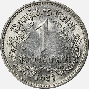 سکه 1 رایش مارک آلمان نازی 1937 A (بسیار کمیاب)(+AU)