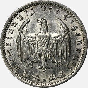 سکه 1 رایش مارک آلمان نازی 1937 A (بسیار کمیاب)(+AU)