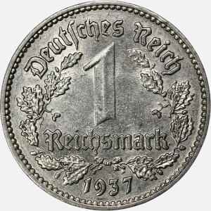 سکه 1 رایش مارک آلمان نازی 1937 F (بسیار کمیاب)