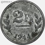 سکه 2 فرانک بلژیک 1944 (لئوپولد سوم)(بسیار کمیاب)