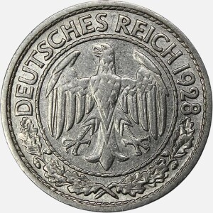 سکه 50 رایش فنیگ آلمان 1928 A (بسیار کمیاب)