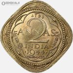 سکه 2 آنه هند مستعمره بریتانیا 1944 (جرج ششم)(+AU)