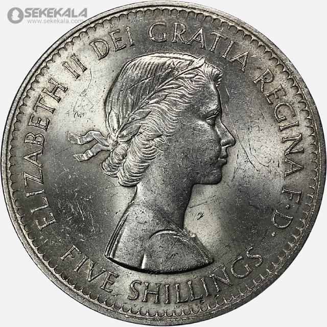 COIN Collection store www.sekekala.com 040926 (178) سکه 5 شیلینگ یادبودی انگلیس 1960 (نمایشگاه بریتانیا در نیویورک) (+AU)