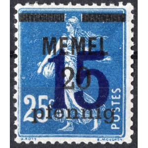 تمبر 15 فنیگ سورشارژ (روچاپ) فرانسه ـ منطقه ممل آلمان (Memelland) 1923