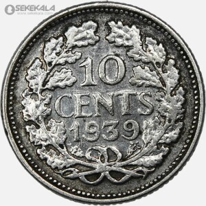 سکه 10 سنت نقره هلند 1939 (ملکه ویلهلمینا)
