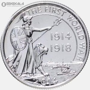 سکه 20 پوند نقره پروف انگلیس 2014 (صدمین سال شروع جنگ جهانی اول) داخل پک فابریک رویال مینت (PF)