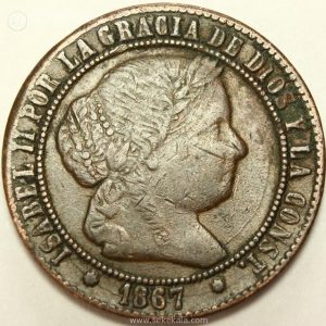 سکه قدیمی نایاب 2/5 سنتیمو اسپانیا 1867 (ملکه ایزابل دوم )